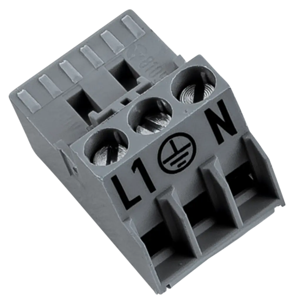 Stecker mit drei Anschlüssen für L, N und PE in Lichtblau. Zeigt die Marke Wolf an, geeignet für elektrische Verbindungen.